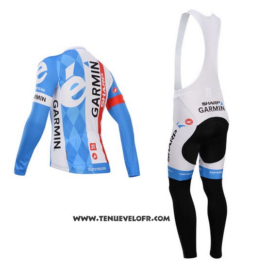 2014 Maillot Ciclismo Garmin Sharp Bleu Clair et Blanc Manches Longues et Cuissard